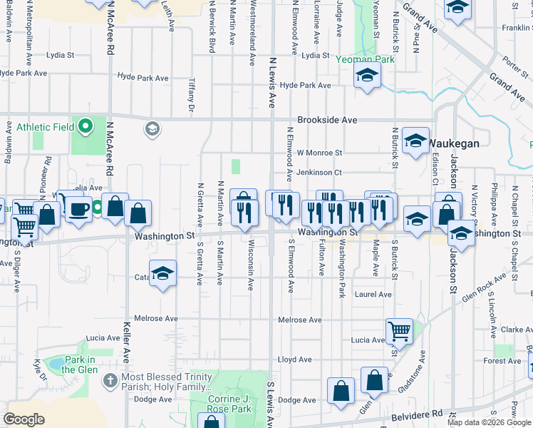map of restaurants, bars, coffee shops, grocery stores, and more near 1916 Washington Street in Waukegan