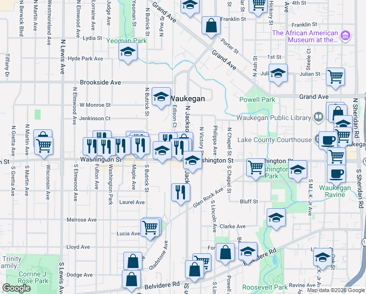 map of restaurants, bars, coffee shops, grocery stores, and more near 9 North Jackson Street in Waukegan