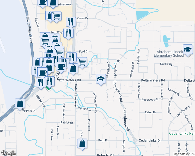 map of restaurants, bars, coffee shops, grocery stores, and more near 2222 Delta Waters Road in Medford