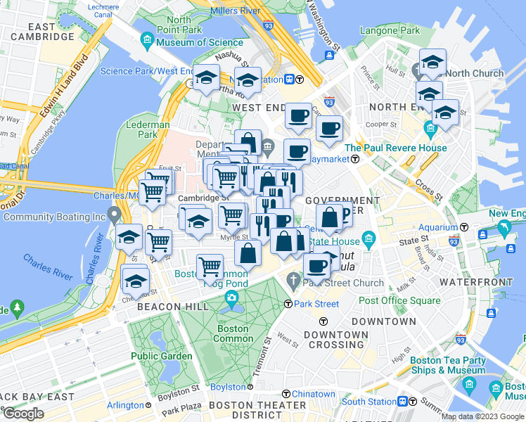 map of restaurants, bars, coffee shops, grocery stores, and more near in Boston