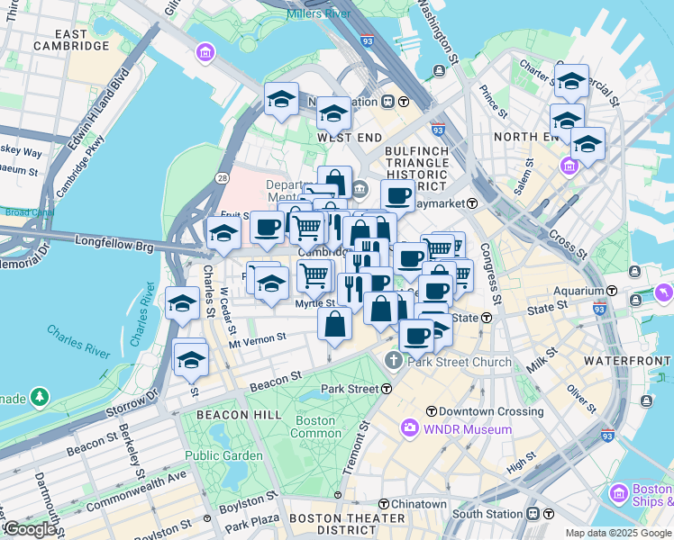 map of restaurants, bars, coffee shops, grocery stores, and more near in Boston