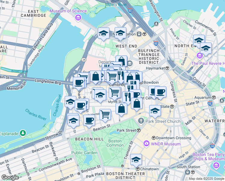 map of restaurants, bars, coffee shops, grocery stores, and more near 72 Joy Street in Boston
