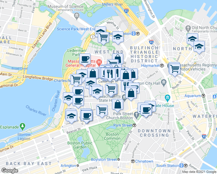 map of restaurants, bars, coffee shops, grocery stores, and more near 72 Joy Street in Boston
