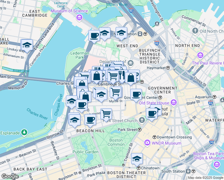 map of restaurants, bars, coffee shops, grocery stores, and more near 45 1/2 Garden Street in Boston
