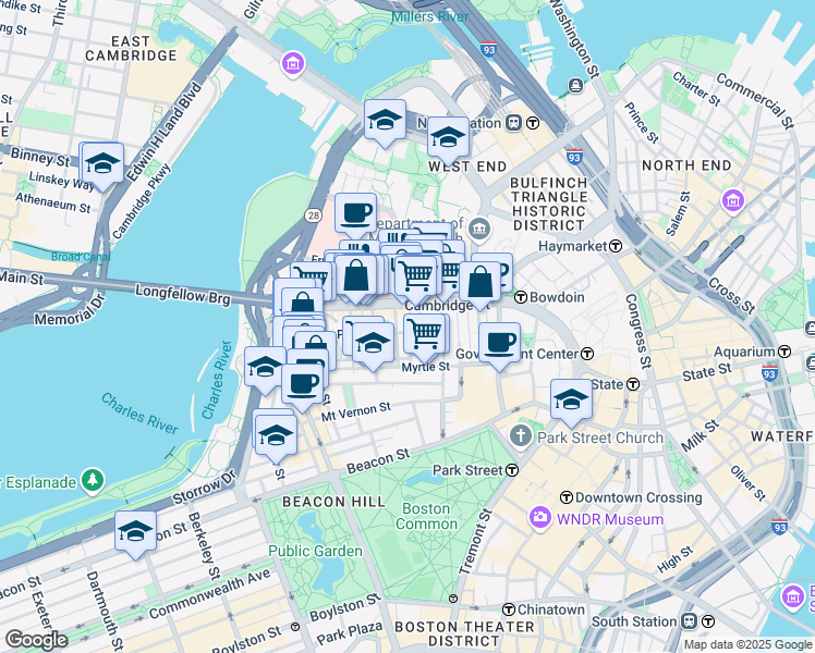 map of restaurants, bars, coffee shops, grocery stores, and more near 45 1/2 Garden Street in Boston