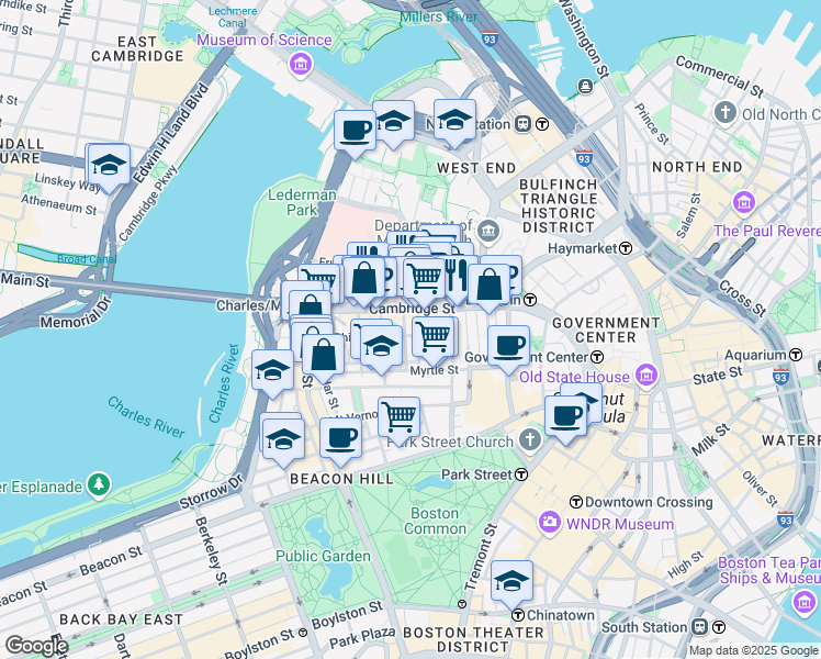 map of restaurants, bars, coffee shops, grocery stores, and more near 45 1/2 Garden Street in Boston