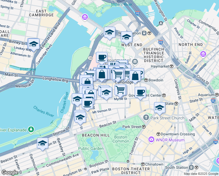 map of restaurants, bars, coffee shops, grocery stores, and more near 45 1/2 Garden Street in Boston