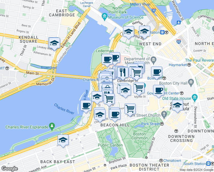 map of restaurants, bars, coffee shops, grocery stores, and more near 67 West Cedar Street in Boston