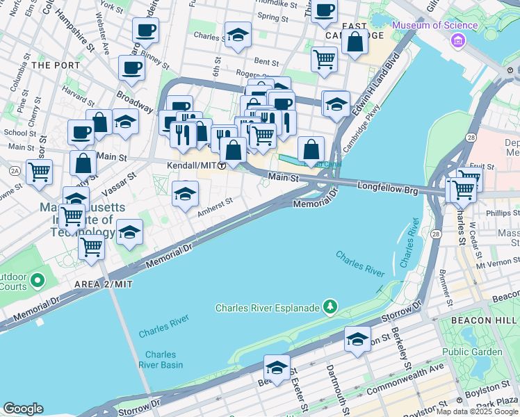 map of restaurants, bars, coffee shops, grocery stores, and more near 45 Memorial Drive in Cambridge