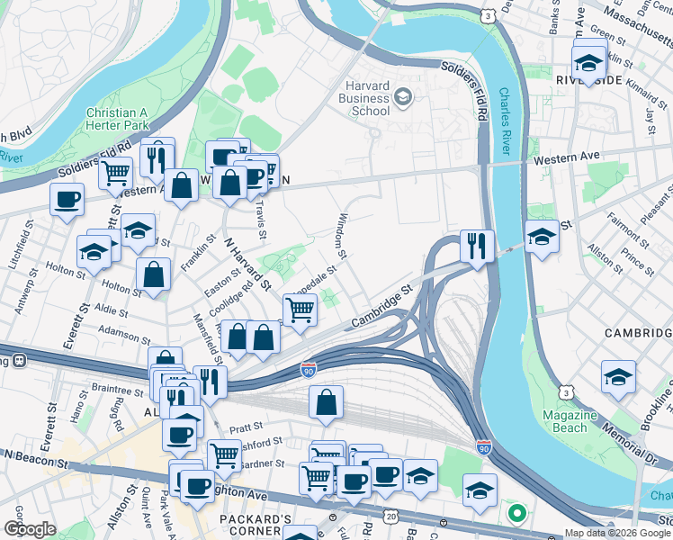 map of restaurants, bars, coffee shops, grocery stores, and more near 40 Seattle Street in Boston