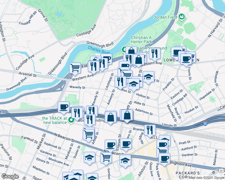 map of restaurants, bars, coffee shops, grocery stores, and more near 108 Holton Street in Boston