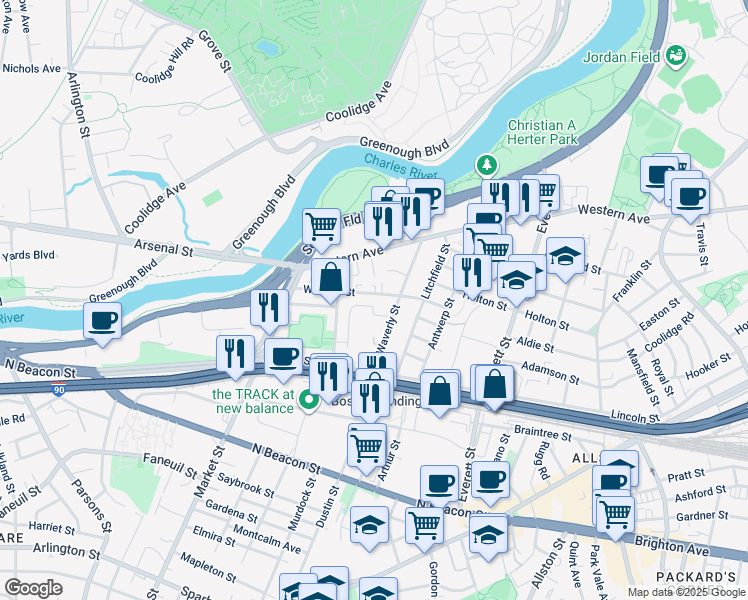 map of restaurants, bars, coffee shops, grocery stores, and more near 61 School Street in Boston