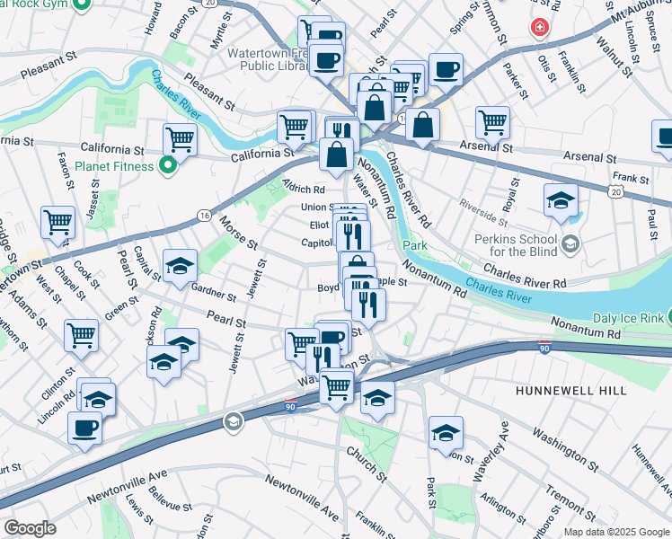 map of restaurants, bars, coffee shops, grocery stores, and more near 33 Boyd Street in Watertown