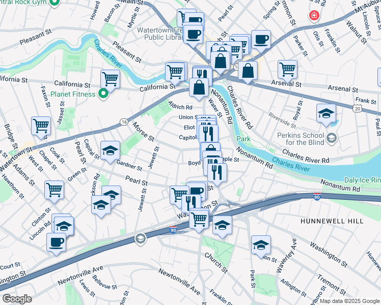 map of restaurants, bars, coffee shops, grocery stores, and more near 33 Boyd Street in Watertown