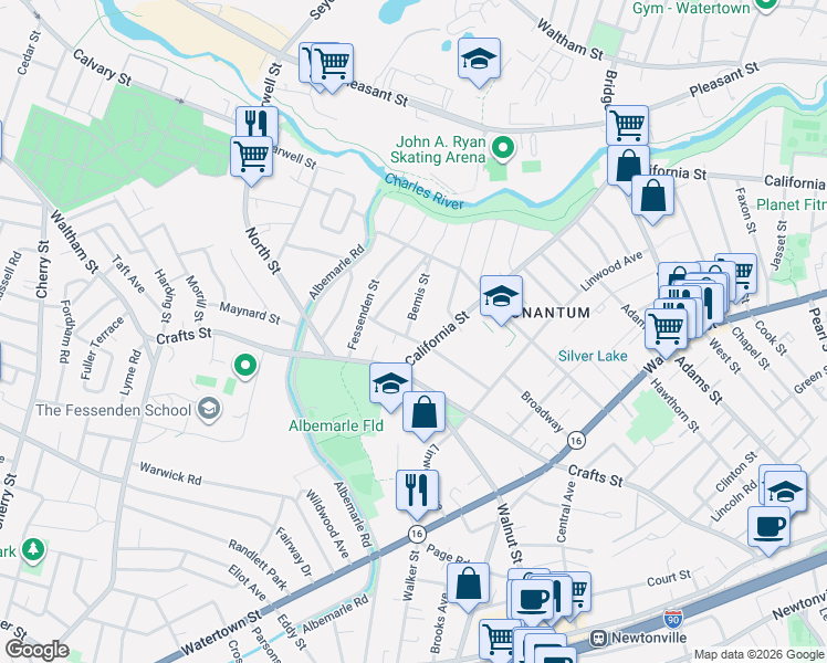 map of restaurants, bars, coffee shops, grocery stores, and more near 613 California Street in Newton
