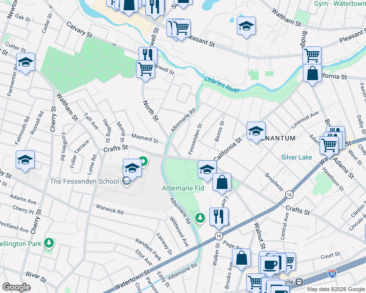 map of restaurants, bars, coffee shops, grocery stores, and more near 5 North Street in Newton