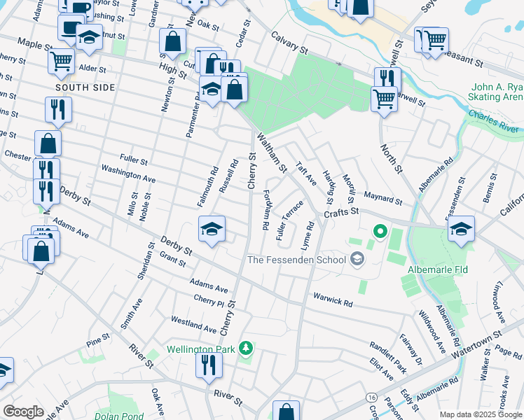 map of restaurants, bars, coffee shops, grocery stores, and more near 83 Fordham Road in Newton
