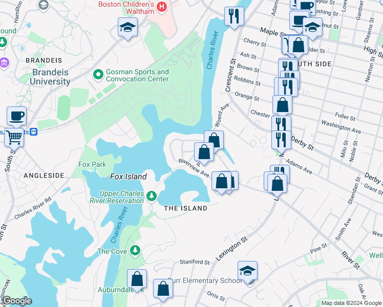 map of restaurants, bars, coffee shops, grocery stores, and more near 140 Woerd Avenue in Waltham