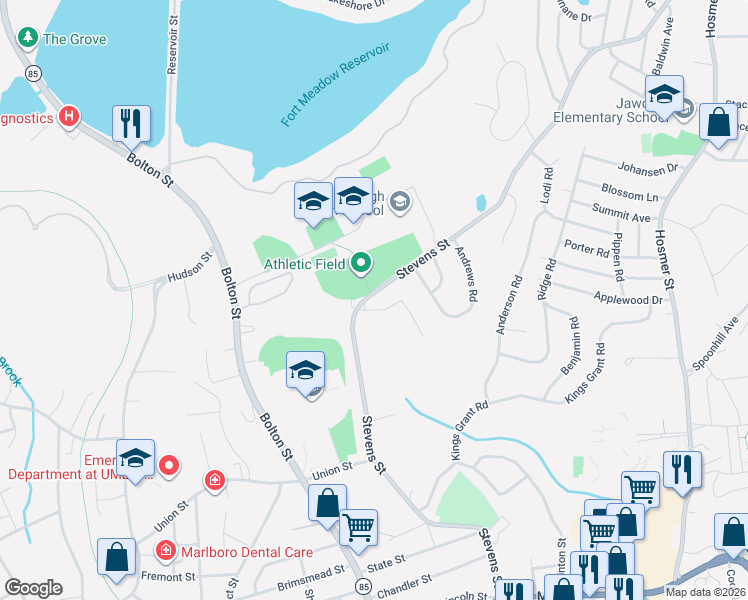 map of restaurants, bars, coffee shops, grocery stores, and more near 27 Oakcrest Avenue in Marlborough