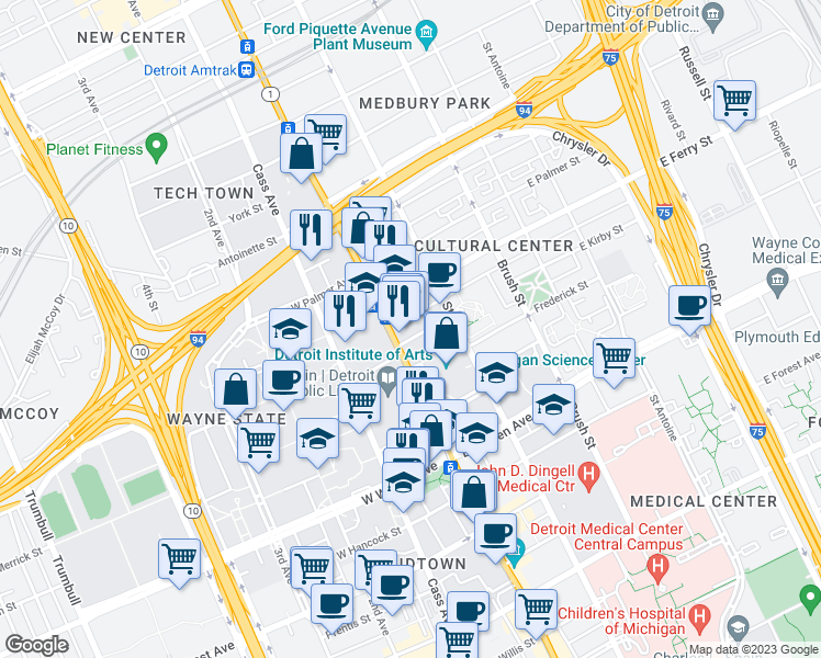 map of restaurants, bars, coffee shops, grocery stores, and more near 15 Midtown Loop in Detroit