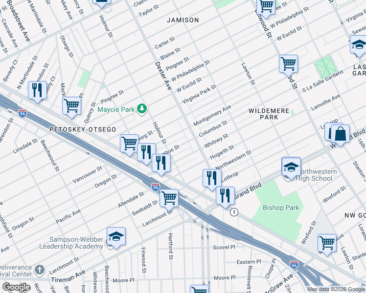 map of restaurants, bars, coffee shops, grocery stores, and more near 3748 Whitney Street in Detroit
