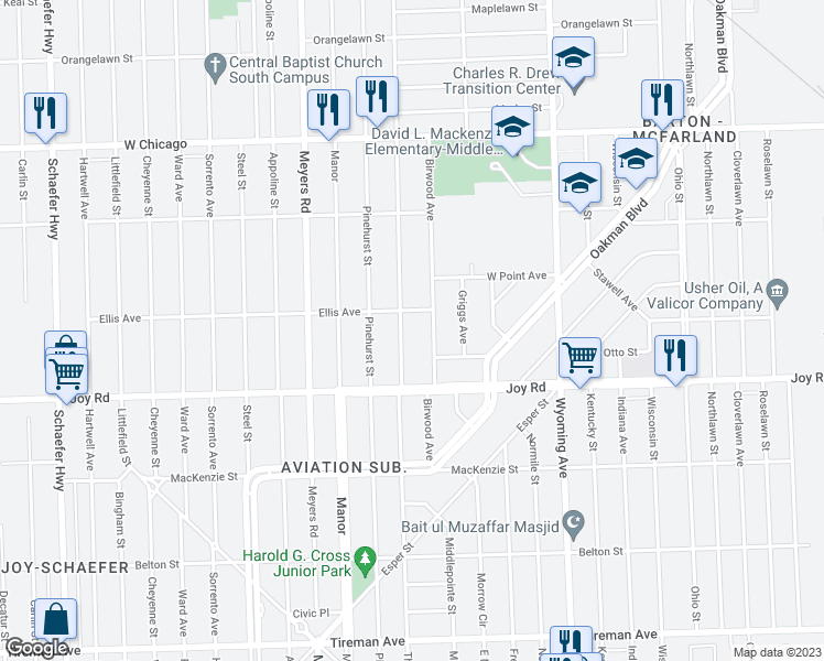 map of restaurants, bars, coffee shops, grocery stores, and more near 8911 Birwood Street in Detroit
