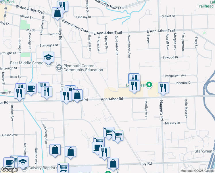 map of restaurants, bars, coffee shops, grocery stores, and more near 41700 Ann Arbor Road in Plymouth