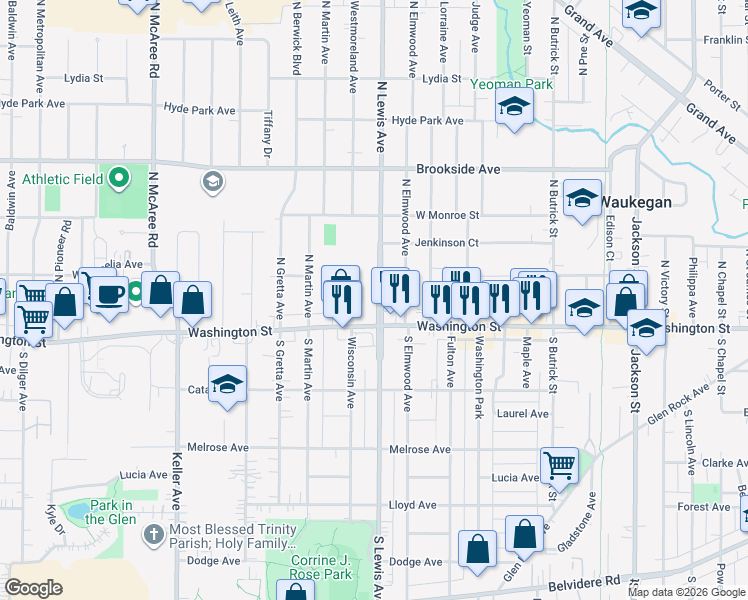 map of restaurants, bars, coffee shops, grocery stores, and more near 1916 Washington Street in Waukegan