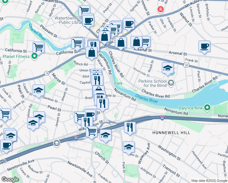 map of restaurants, bars, coffee shops, grocery stores, and more near 25 Maple Street in Watertown