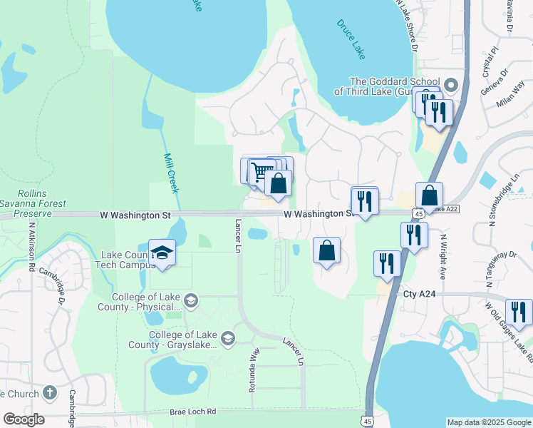 map of restaurants, bars, coffee shops, grocery stores, and more near 19351 West Washington Street in Grayslake