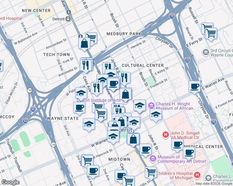 map of restaurants, bars, coffee shops, grocery stores, and more near 15 Midtown Loop in Detroit