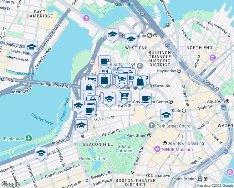 map of restaurants, bars, coffee shops, grocery stores, and more near 45 1/2 Garden Street in Boston