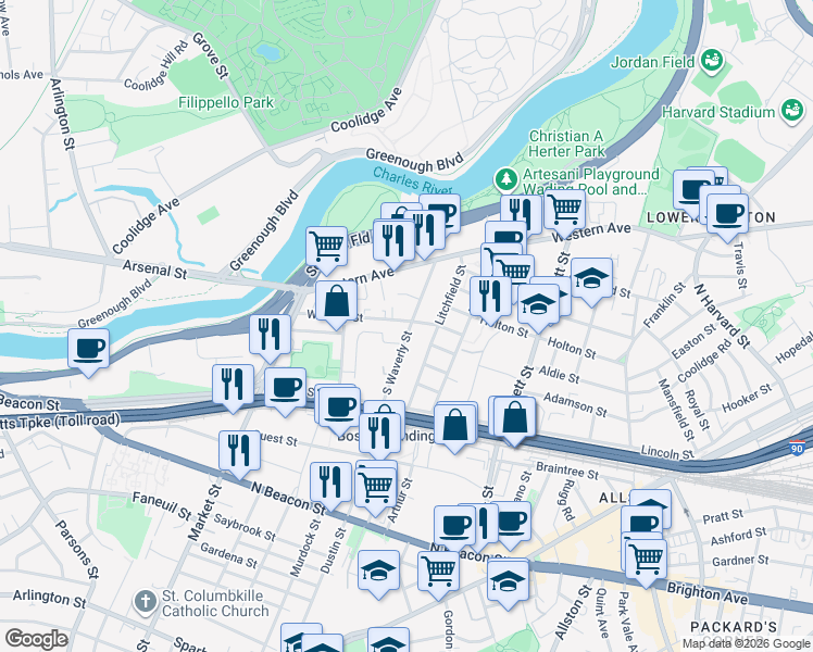 map of restaurants, bars, coffee shops, grocery stores, and more near 62 Waverly Street in Boston