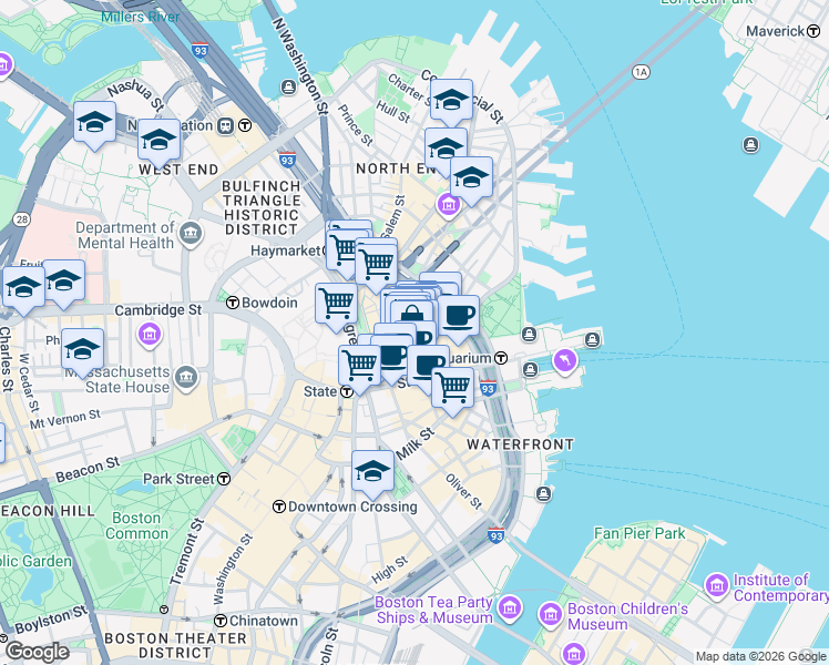 map of restaurants, bars, coffee shops, grocery stores, and more near in Boston