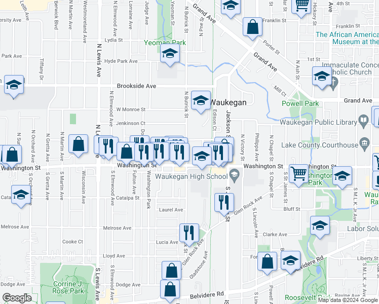 map of restaurants, bars, coffee shops, grocery stores, and more near 23 North Butrick Street in Waukegan