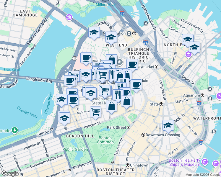 map of restaurants, bars, coffee shops, grocery stores, and more near 72 Joy Street in Boston