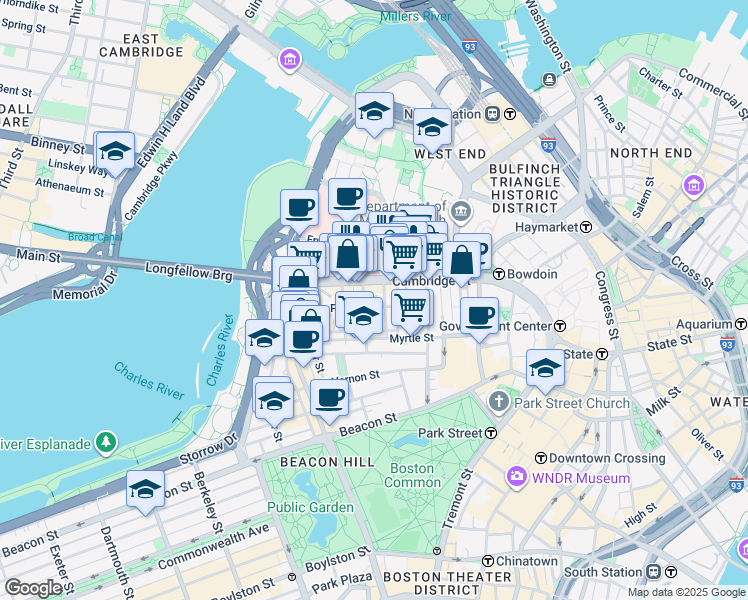 map of restaurants, bars, coffee shops, grocery stores, and more near 45 1/2 Garden Street in Boston