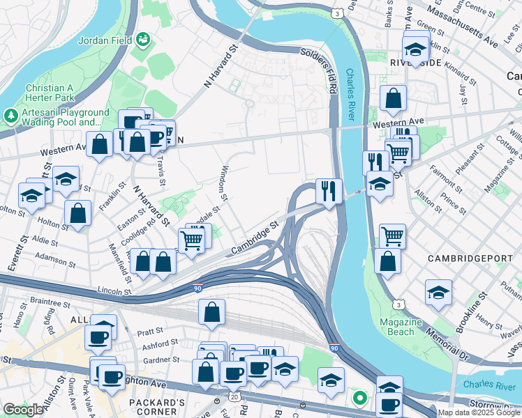 map of restaurants, bars, coffee shops, grocery stores, and more near 115 Cambridge Street in Boston