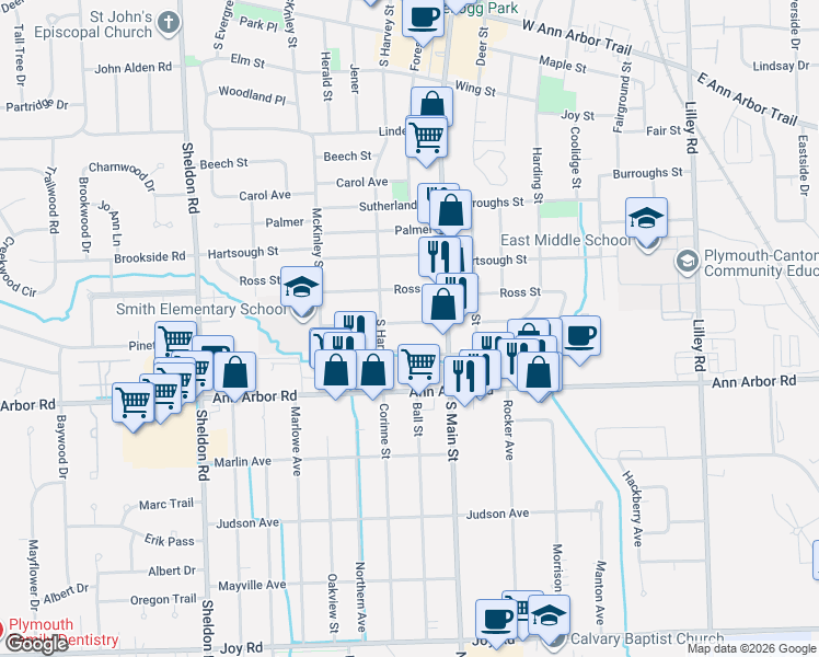 map of restaurants, bars, coffee shops, grocery stores, and more near 866 Byron Street in Plymouth