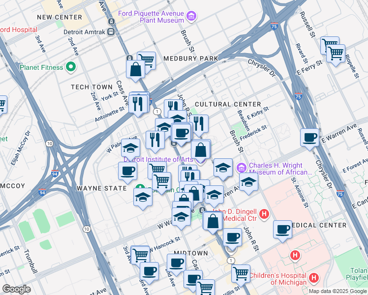 map of restaurants, bars, coffee shops, grocery stores, and more near 15 East Kirby Street in Detroit