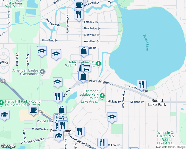 map of restaurants, bars, coffee shops, grocery stores, and more near 120 West Washington Street in Round Lake