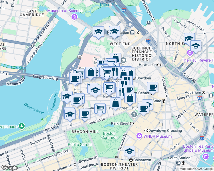 map of restaurants, bars, coffee shops, grocery stores, and more near 72 Joy Street in Boston
