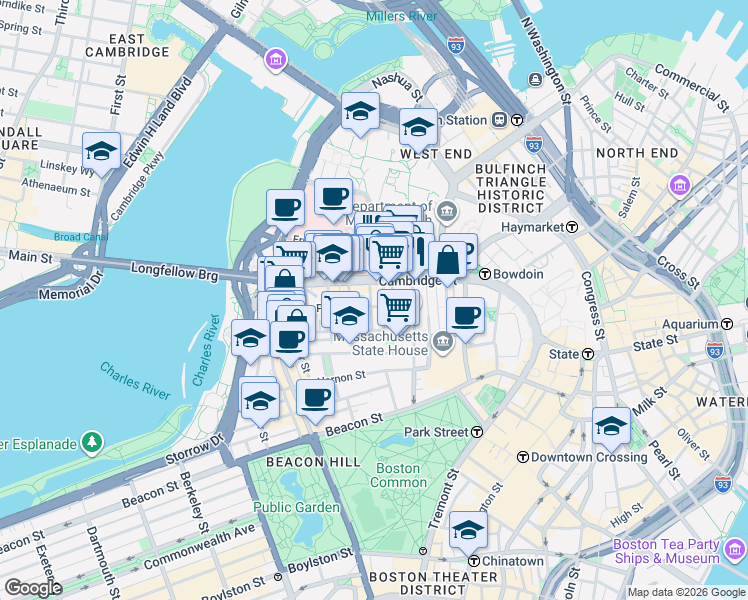map of restaurants, bars, coffee shops, grocery stores, and more near 45 1/2 Garden Street in Boston