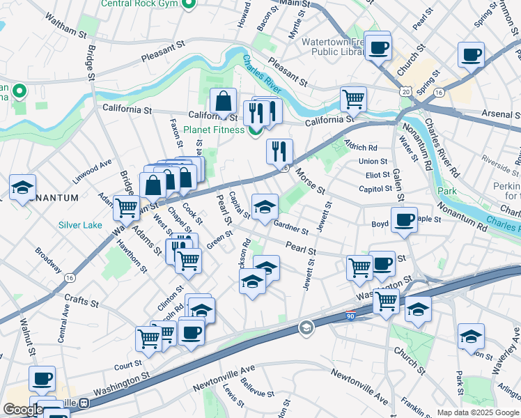 map of restaurants, bars, coffee shops, grocery stores, and more near 69 Jackson Road in Newton