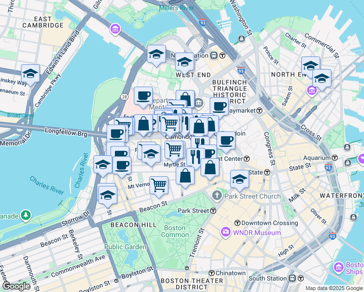 map of restaurants, bars, coffee shops, grocery stores, and more near 60 Joy Street in Boston