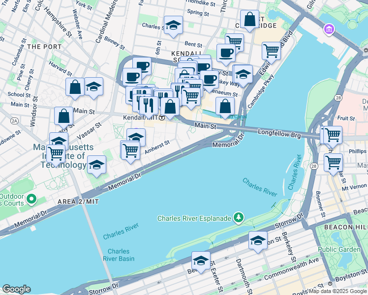 map of restaurants, bars, coffee shops, grocery stores, and more near 142 Memorial Drive in Cambridge