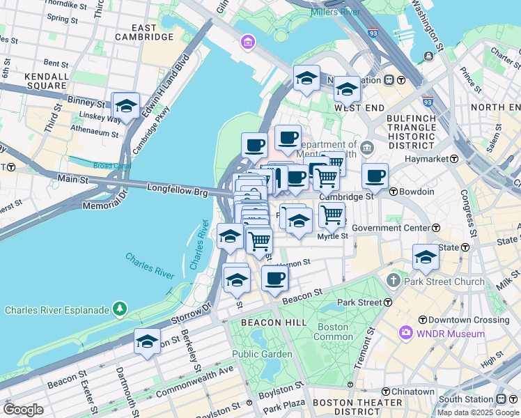 map of restaurants, bars, coffee shops, grocery stores, and more near 67 West Cedar Street in Boston