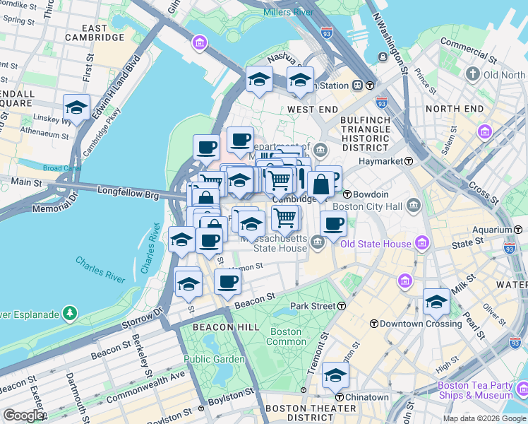 map of restaurants, bars, coffee shops, grocery stores, and more near 45 1/2 Garden Street in Boston