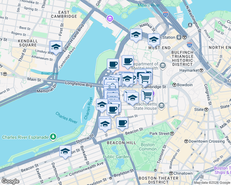 map of restaurants, bars, coffee shops, grocery stores, and more near 67 West Cedar Street in Boston