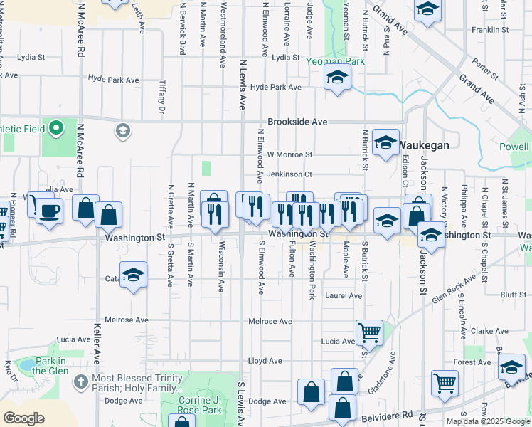 map of restaurants, bars, coffee shops, grocery stores, and more near 1806 Washington Street in Waukegan